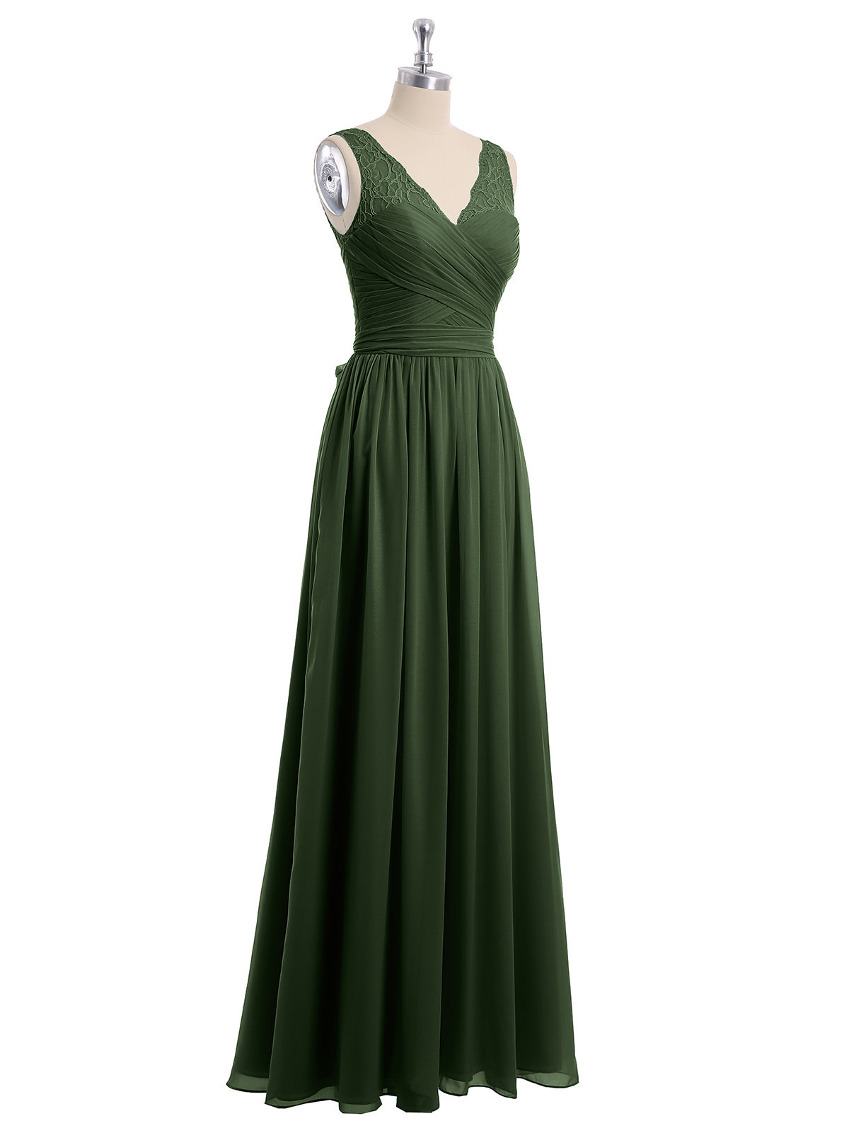 Vestidos largos de chiffon con tirantes de encaje y lazo de cinturón Verde Oliva Tallas Grandes
