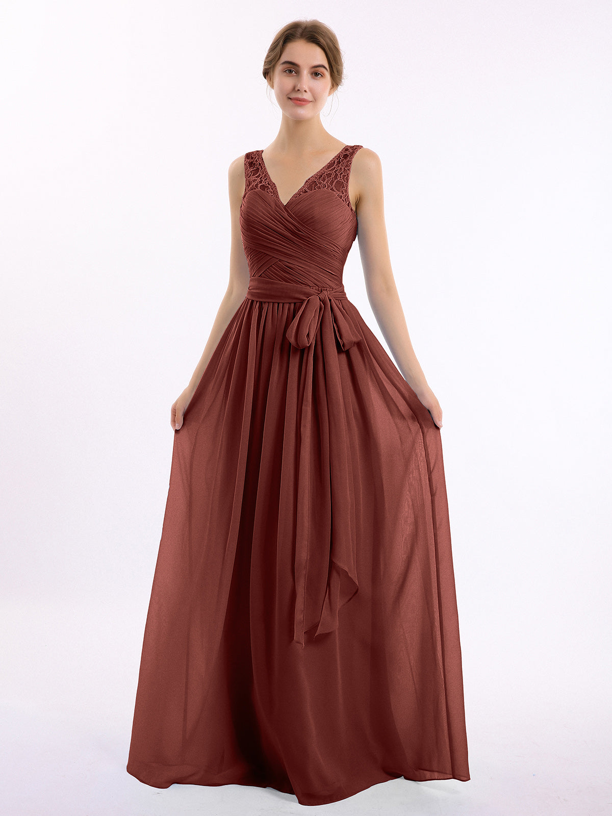 Vestidos largos de chiffon con tirantes de encaje y lazo de cinturón Terracota Tallas Grandes