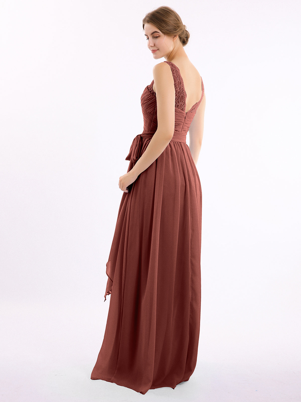Vestidos largos de chiffon con tirantes de encaje y lazo de cinturón Terracota Tallas Grandes
