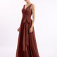 Vestidos largos de chiffon con tirantes de encaje y lazo de cinturón Terracota Tallas Grandes