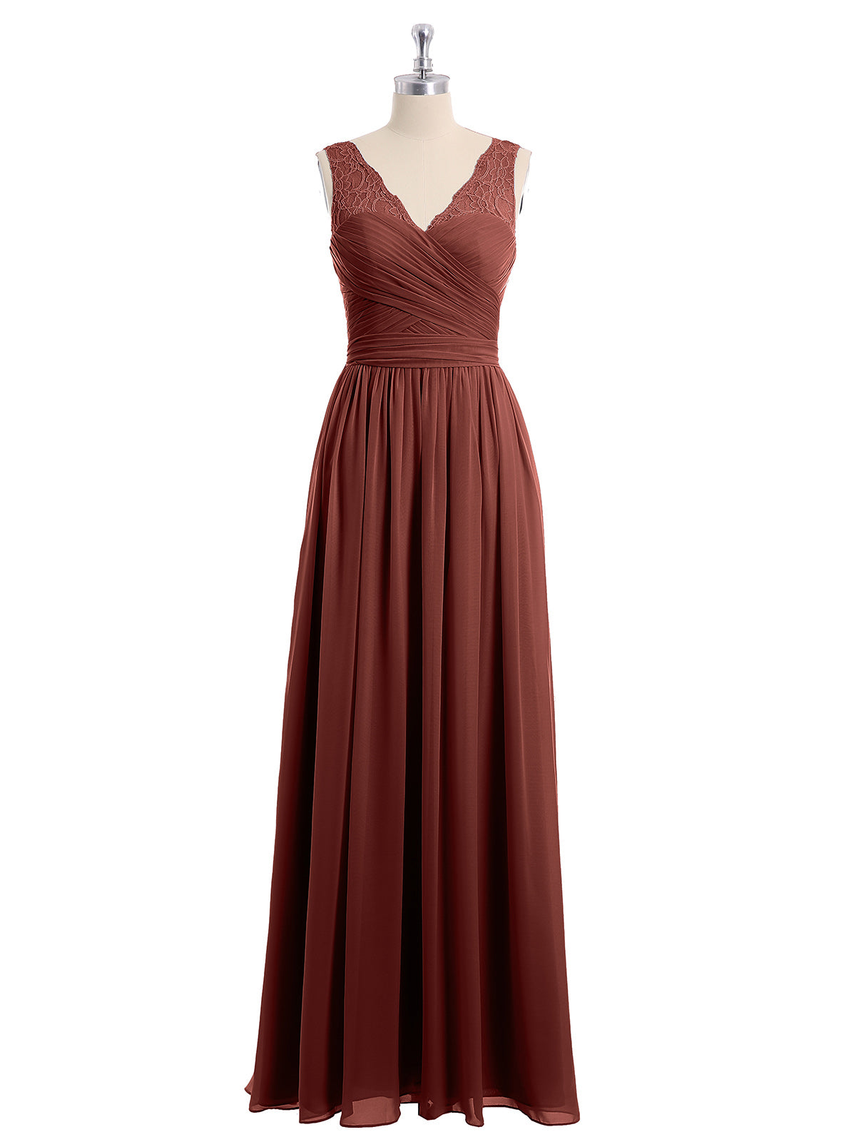 Vestidos largos de chiffon con tirantes de encaje y lazo de cinturón Terracota Tallas Grandes