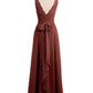 Vestidos largos de chiffon con tirantes de encaje y lazo de cinturón Terracota Tallas Grandes