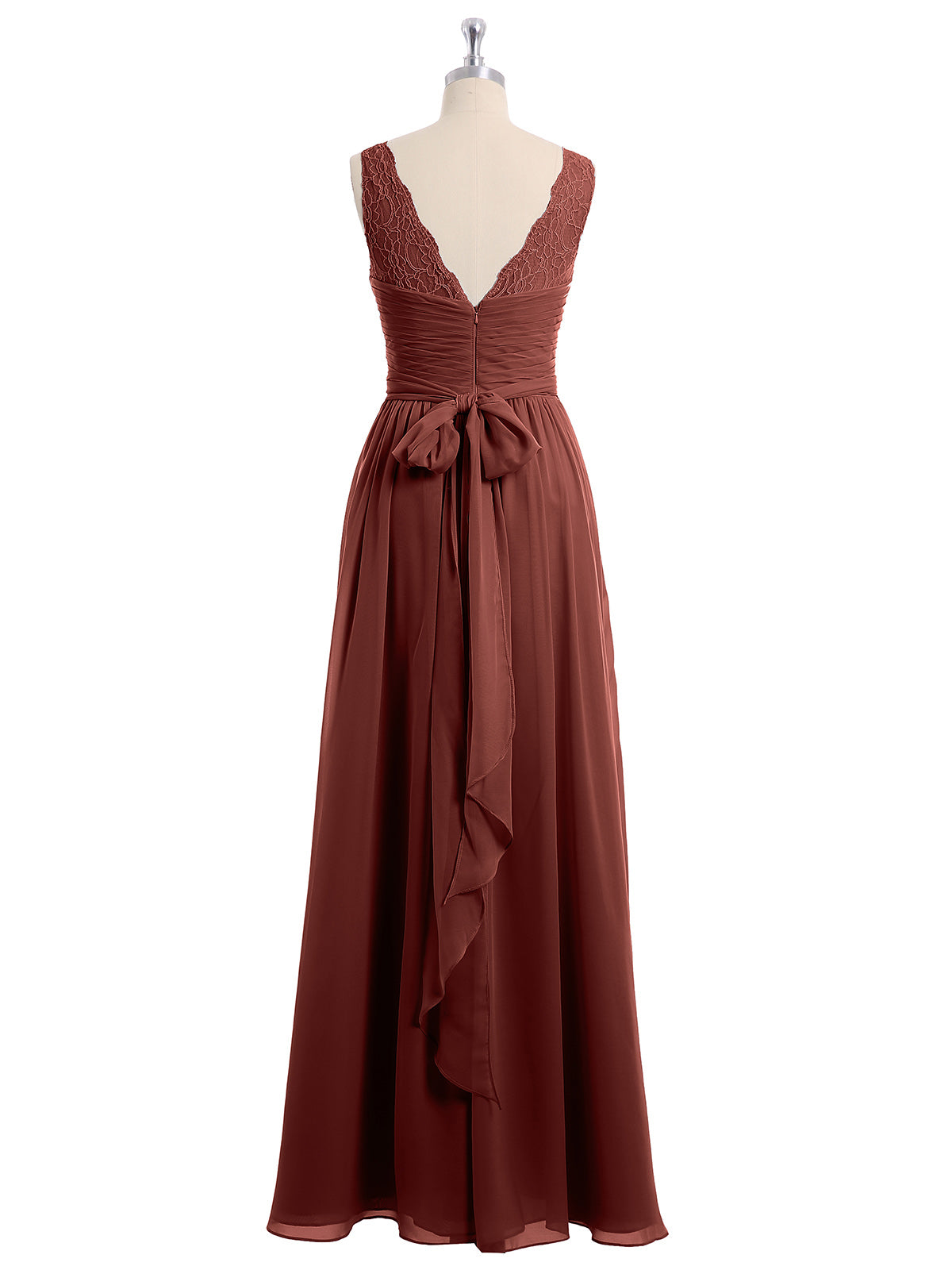 Vestidos largos de chiffon con tirantes de encaje y lazo de cinturón Terracota Tallas Grandes