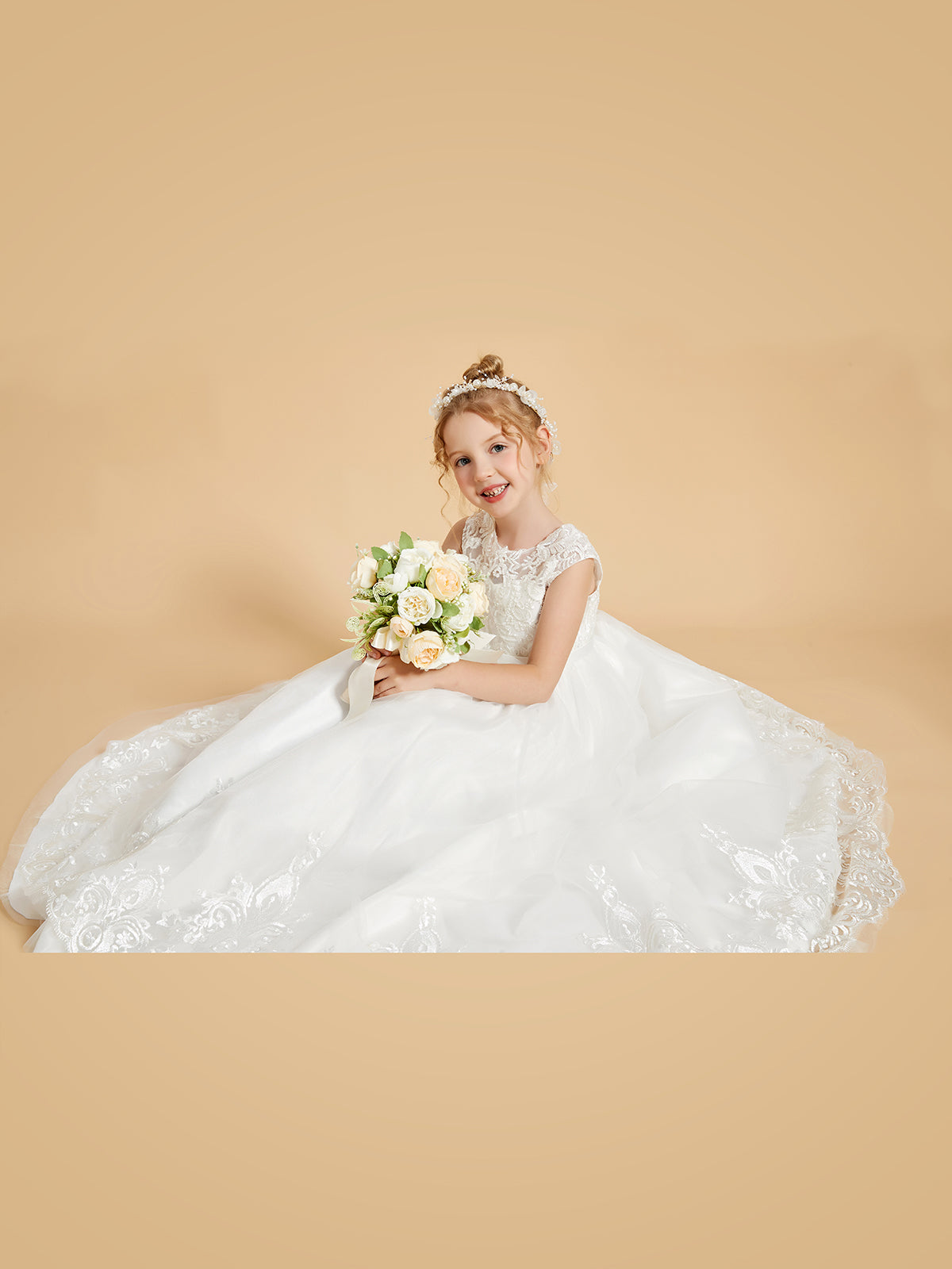 Vestido De Niña De Las Flores Hasta El Suelo Con Bordado De Princesa Y Encaje/Tul