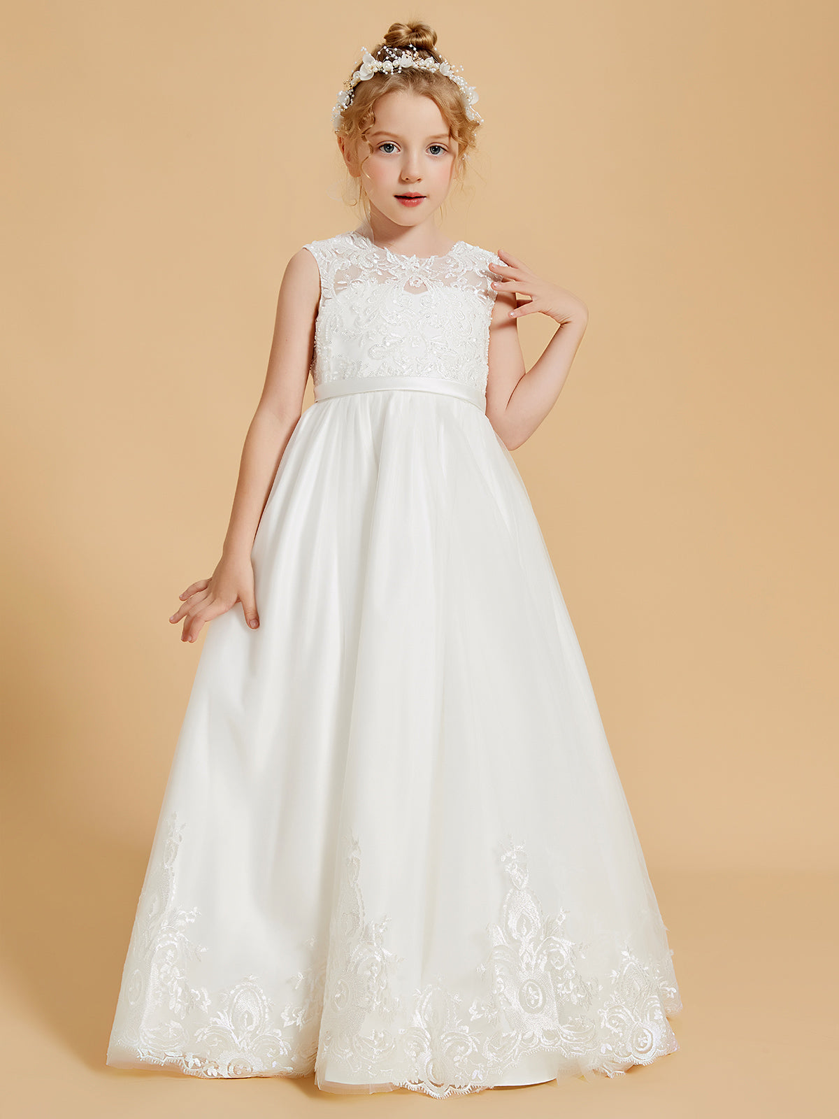 Vestido De Niña De Las Flores Hasta El Suelo Con Bordado De Princesa Y Encaje/Tul