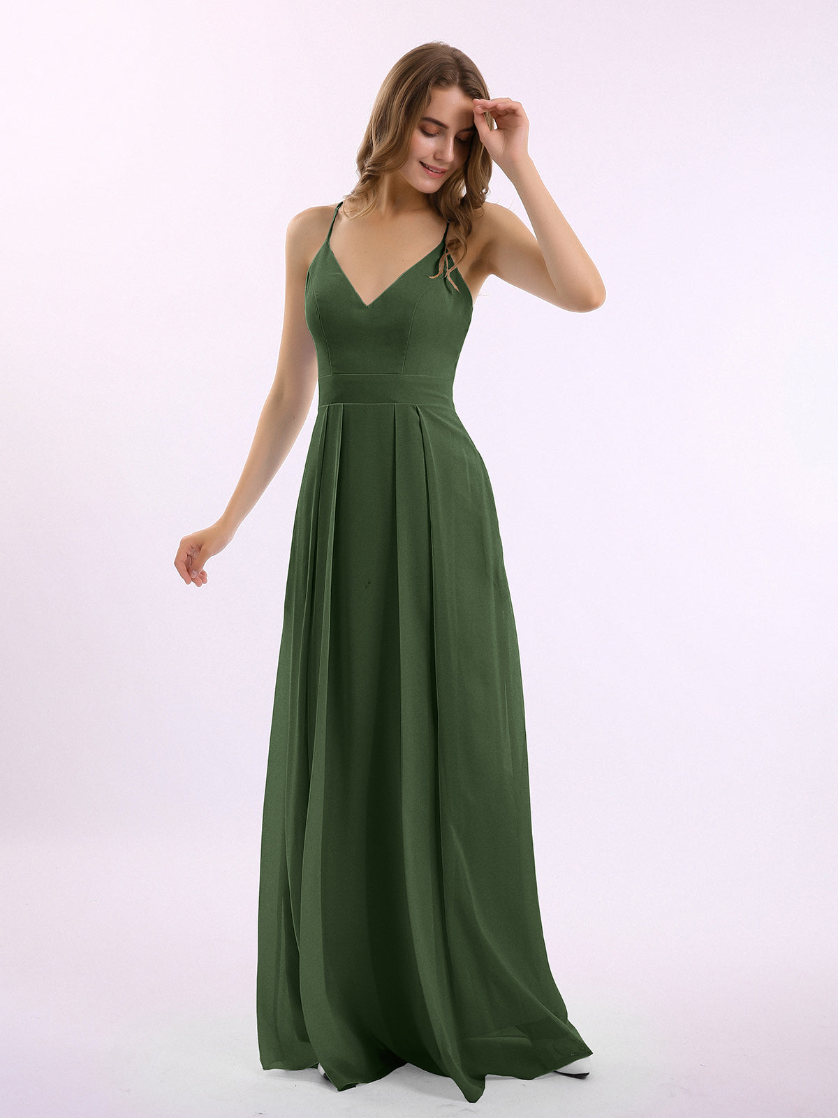 Vestidos largos de chiffon con tirantes finos en escote en V y bolsillo Verde Oliva Tallas Grandes