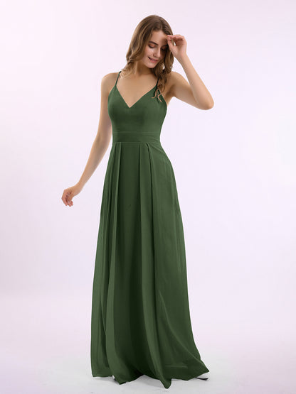 Vestidos largos de chiffon con tirantes finos en escote en V y bolsillo Verde Oliva Tallas Grandes