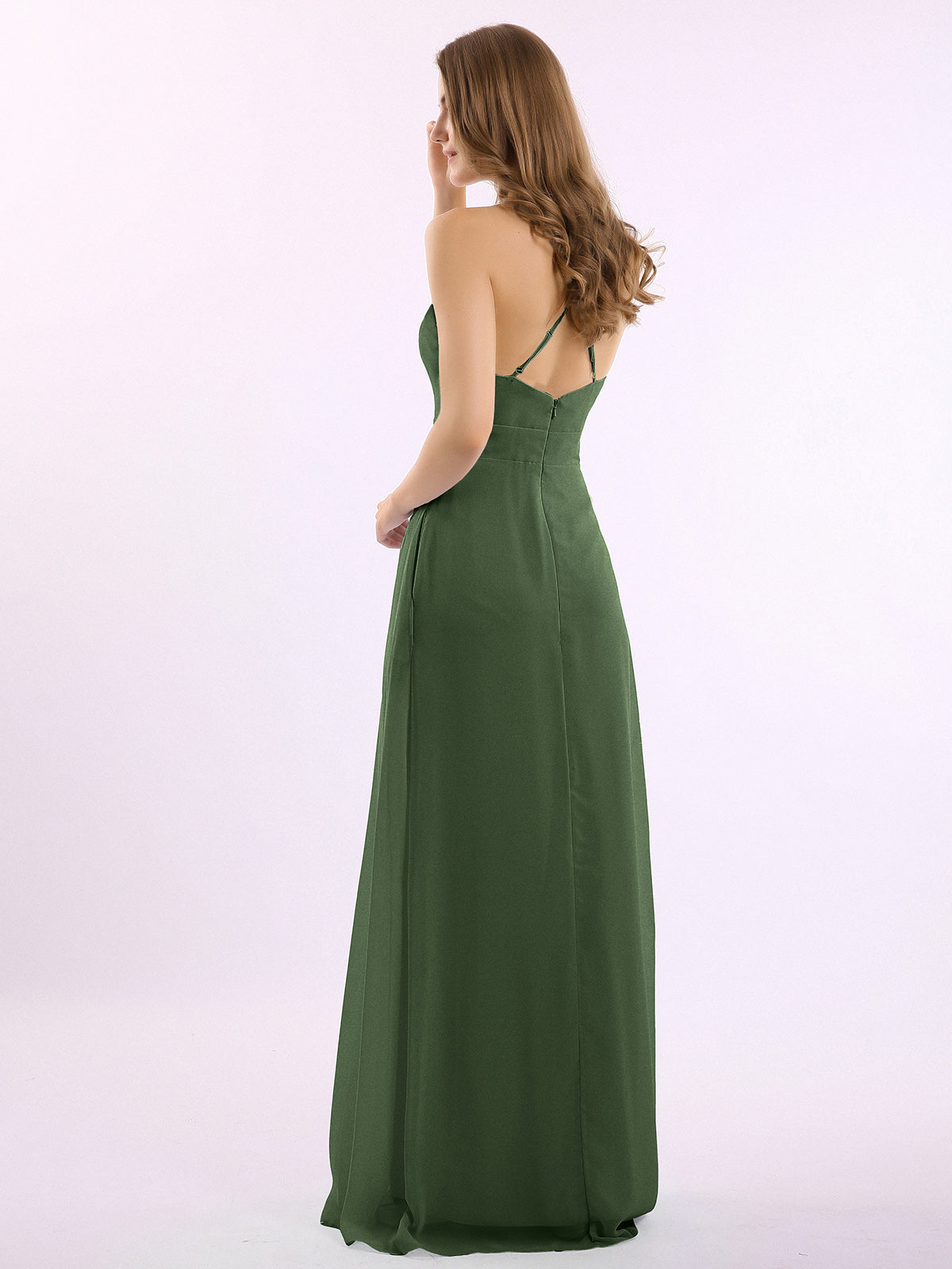 Vestidos largos de chiffon con tirantes finos en escote en V y bolsillo Verde Oliva Tallas Grandes