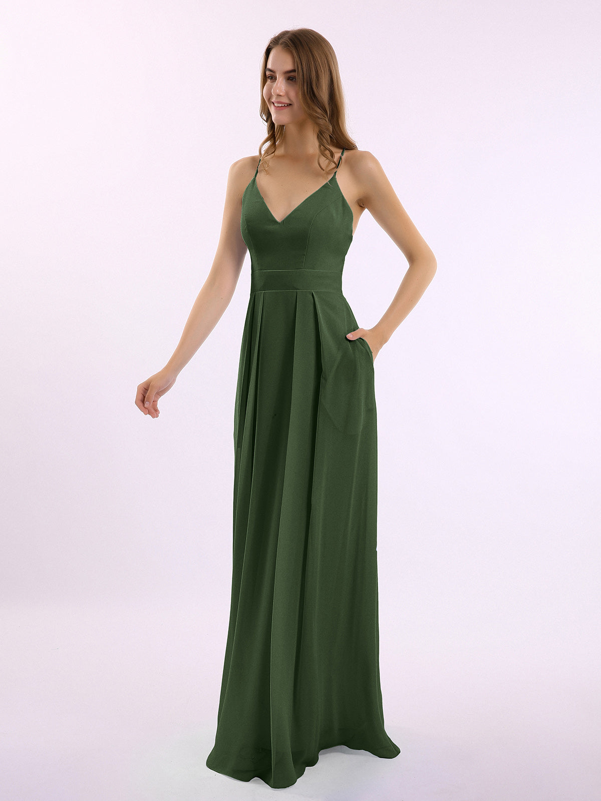 Vestidos largos de chiffon con tirantes finos en escote en V y bolsillo Verde Oliva Tallas Grandes