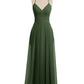 Vestidos largos de chiffon con tirantes finos en escote en V y bolsillo Verde Oliva Tallas Grandes