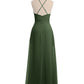 Vestidos largos de chiffon con tirantes finos en escote en V y bolsillo Verde Oliva Tallas Grandes