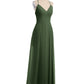 Vestidos largos de chiffon con tirantes finos en escote en V y bolsillo Verde Oliva Tallas Grandes