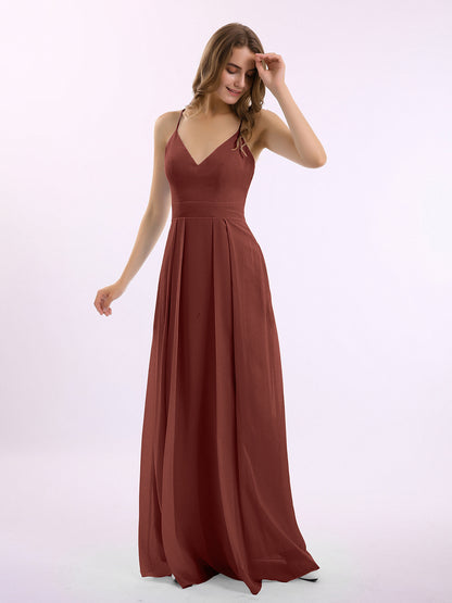 Vestidos largos de chiffon con tirantes finos en escote en V y bolsillo Terracota