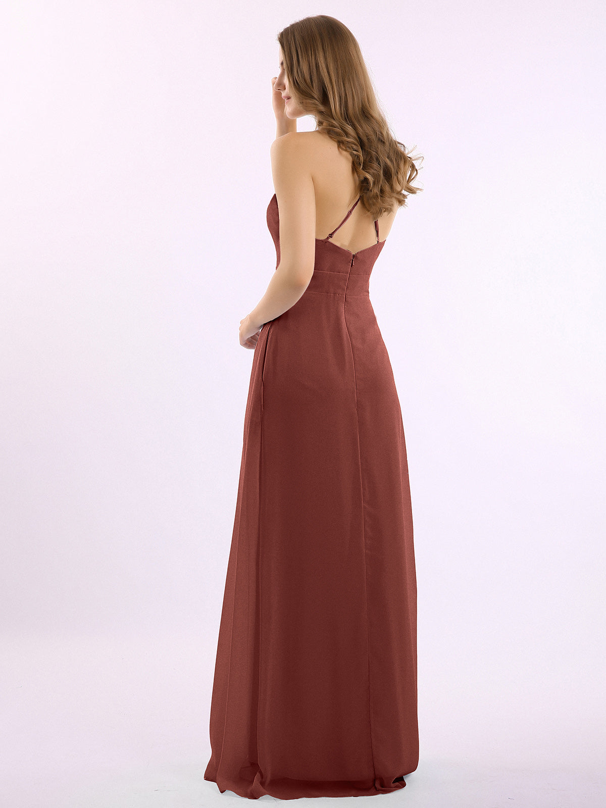 Vestidos largos de chiffon con tirantes finos en escote en V y bolsillo Terracota Tallas Grandes