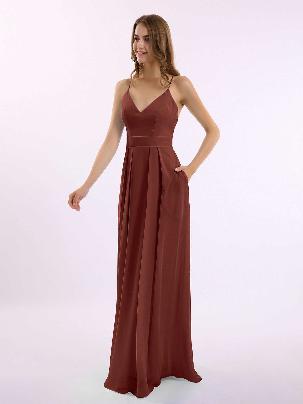 Vestidos largos de chiffon con tirantes finos en escote en V y bolsillo Terracota Tallas Grandes