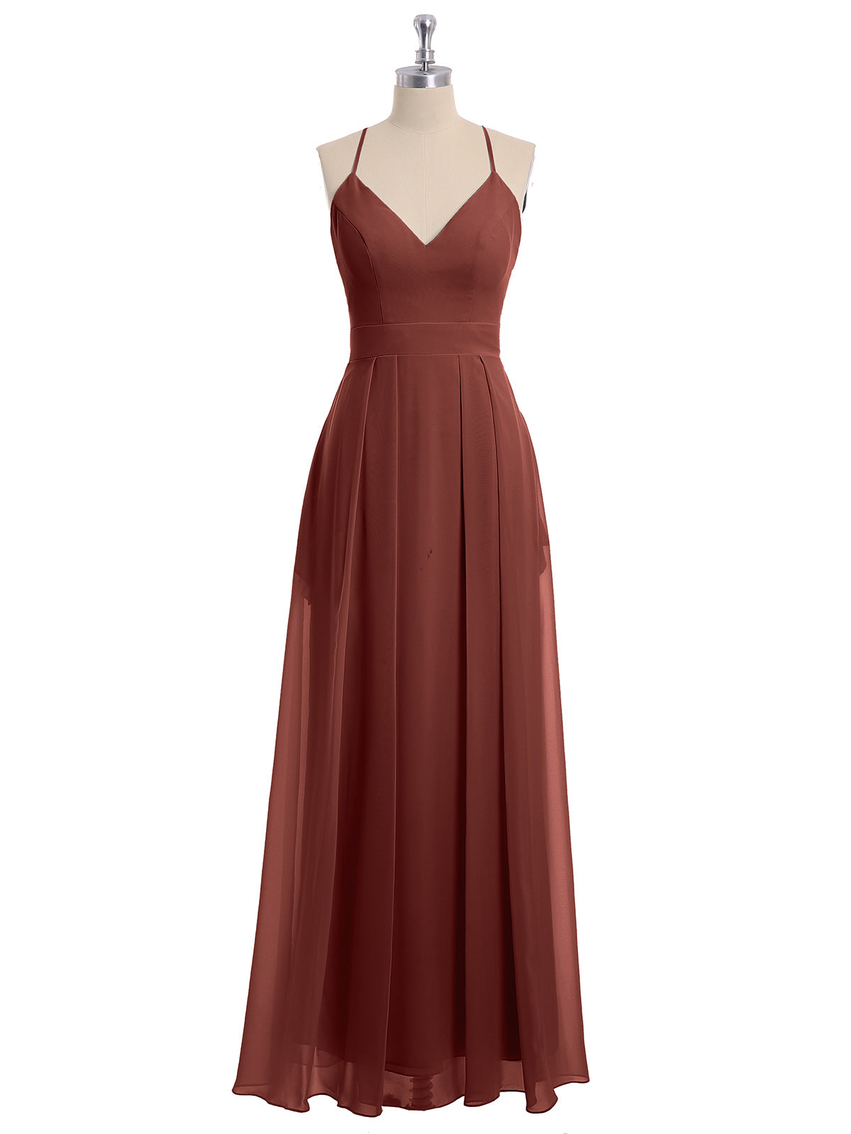 Vestidos largos de chiffon con tirantes finos en escote en V y bolsillo Terracota