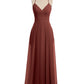 Vestidos largos de chiffon con tirantes finos en escote en V y bolsillo Terracota Tallas Grandes
