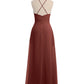 Vestidos largos de chiffon con tirantes finos en escote en V y bolsillo Terracota Tallas Grandes