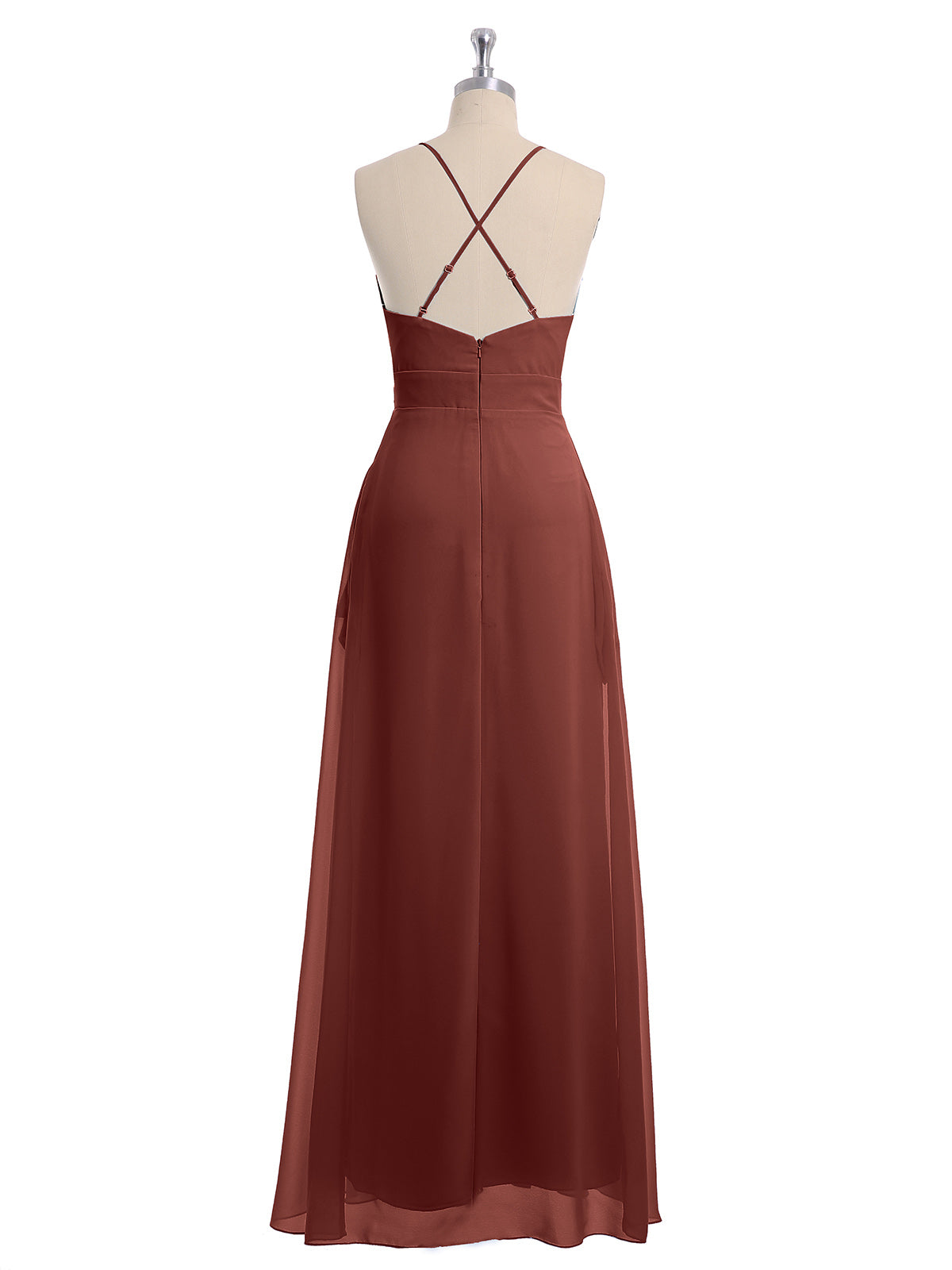 Vestidos largos de chiffon con tirantes finos en escote en V y bolsillo Terracota
