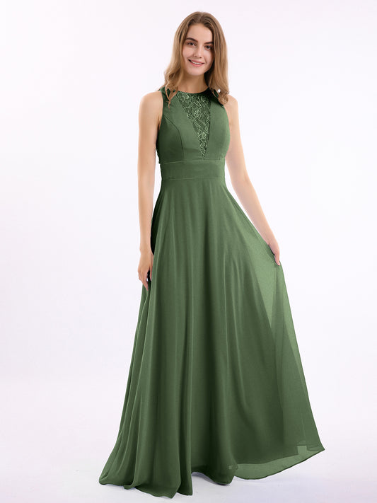 Vestidos largos de chiffon con encaje en escote en V profundo y espalda descubierta Verde Oliva