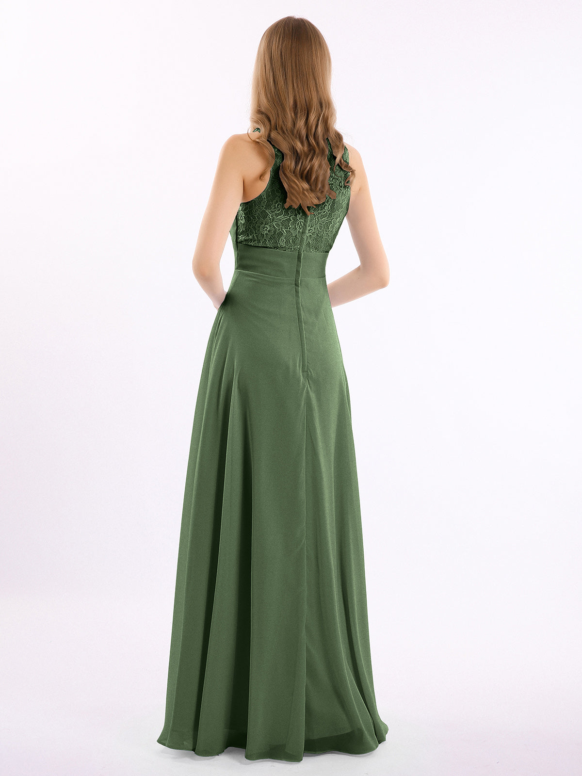 Vestidos largos de chiffon con encaje en escote en V profundo y espalda descubierta Verde Oliva