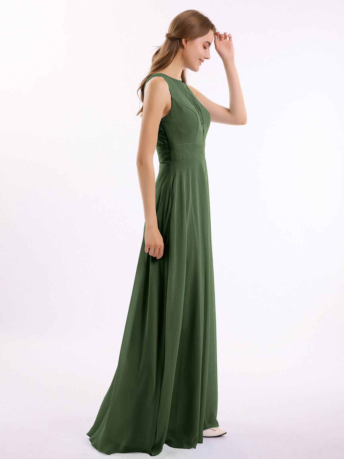 Vestidos largos de chiffon con encaje en escote en V profundo y espalda descubierta Verde Oliva