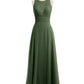 Vestidos largos de chiffon con encaje en escote en V profundo y espalda descubierta Verde Oliva