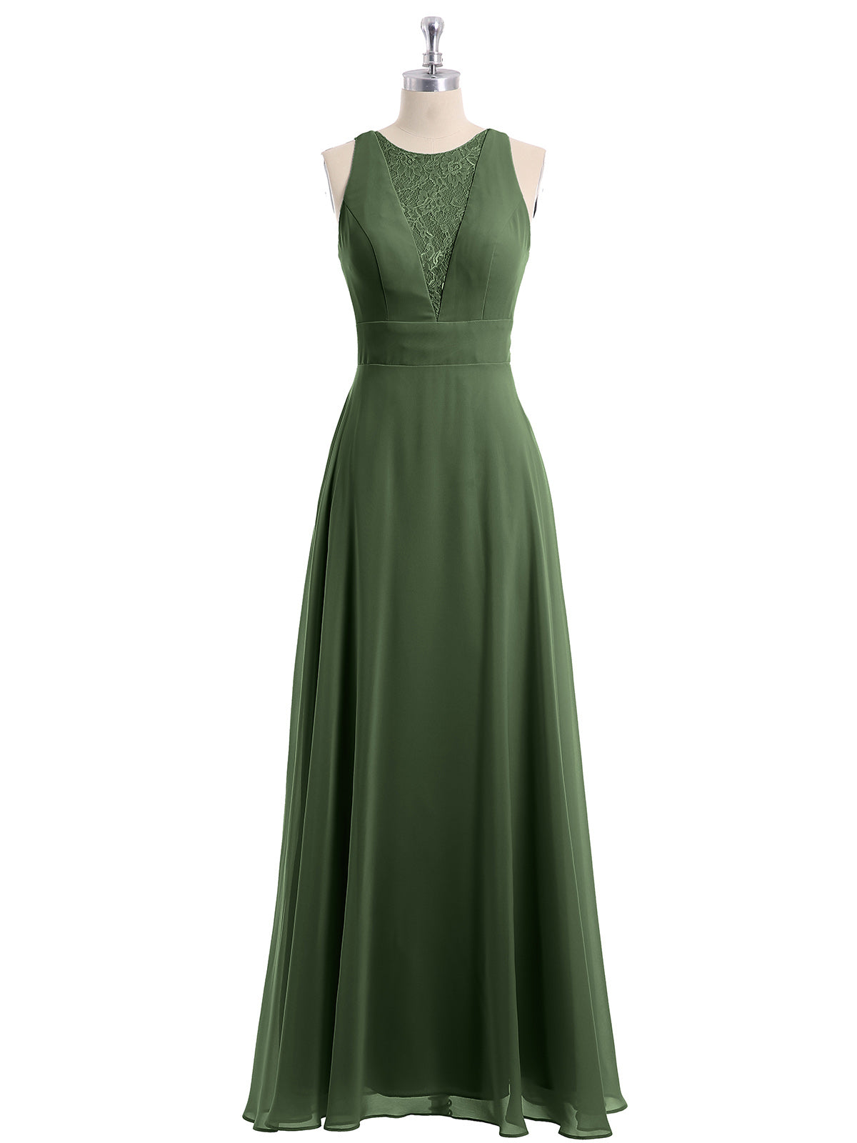Vestidos largos de chiffon con encaje en escote en V profundo y espalda descubierta Verde Oliva