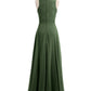 Vestidos largos de chiffon con encaje en escote en V profundo y espalda descubierta Verde Oliva