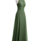 Vestidos largos de chiffon con encaje en escote en V profundo y espalda descubierta Verde Oliva