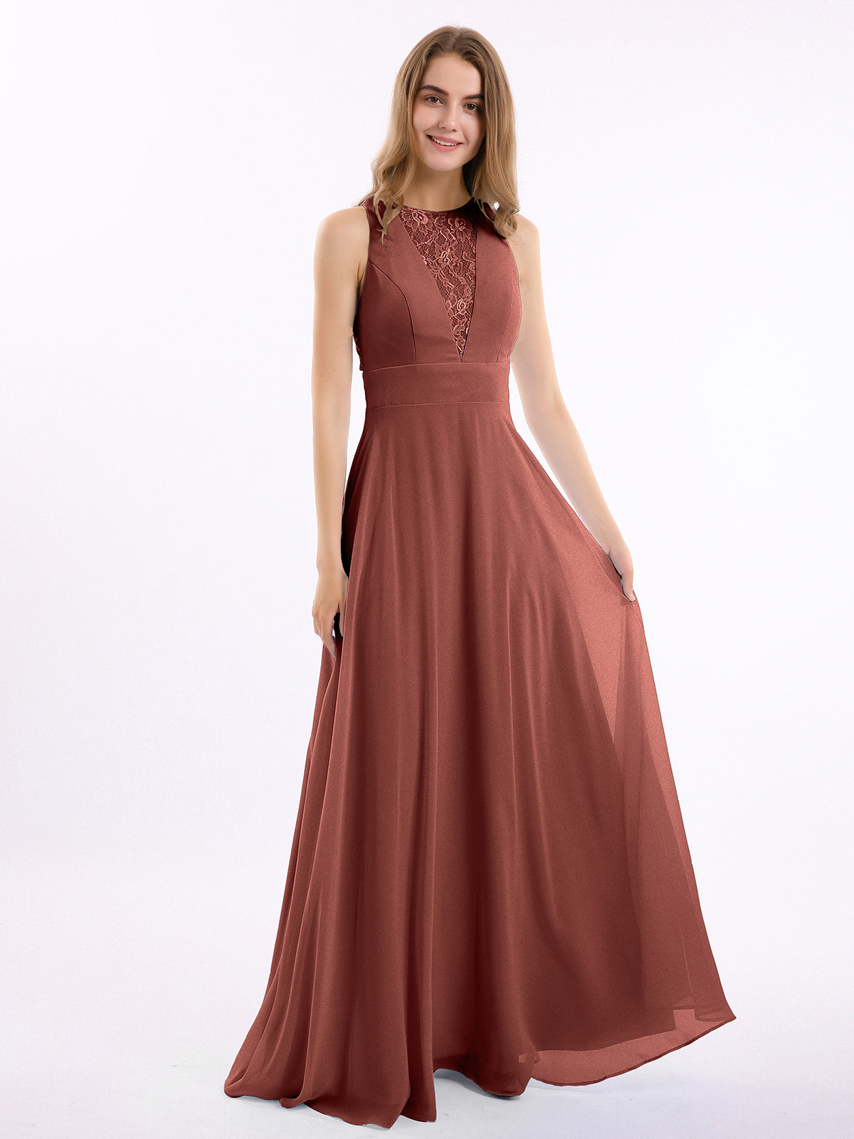 Vestidos largos de chiffon con encaje en escote en V profundo y espalda descubierta Terracota Tallas Grandes