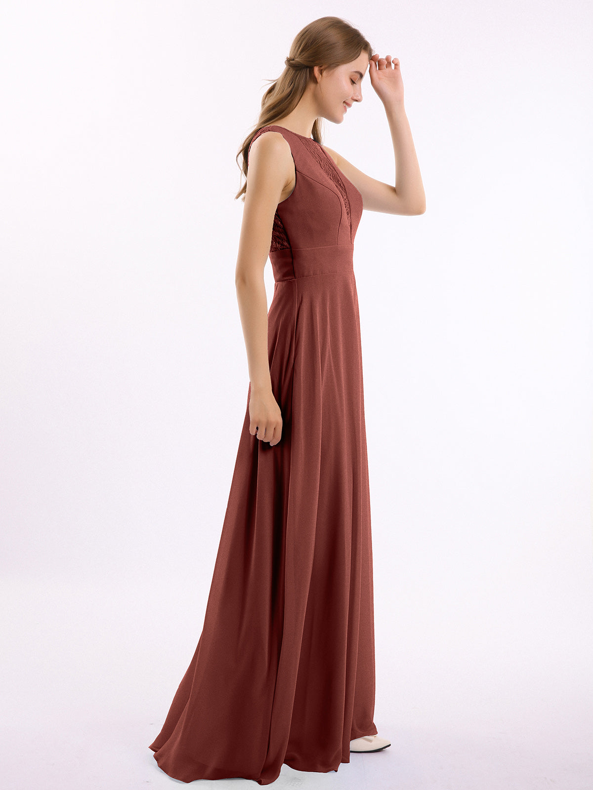 Vestidos largos de chiffon con encaje en escote en V profundo y espalda descubierta Terracota Tallas Grandes