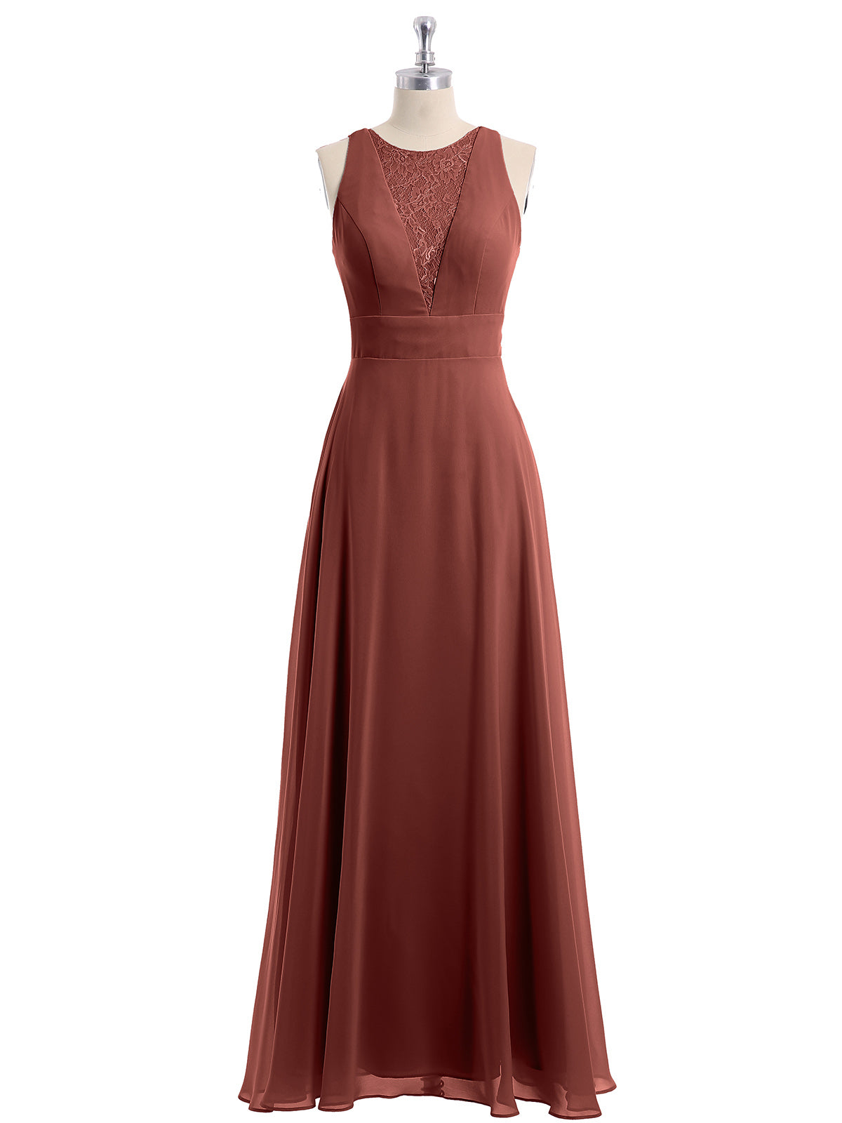 Vestidos largos de chiffon con encaje en escote en V profundo y espalda descubierta Terracota Tallas Grandes