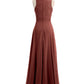 Vestidos largos de chiffon con encaje en escote en V profundo y espalda descubierta Terracota Tallas Grandes