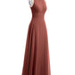 Vestidos largos de chiffon con encaje en escote en V profundo y espalda descubierta Terracota Tallas Grandes