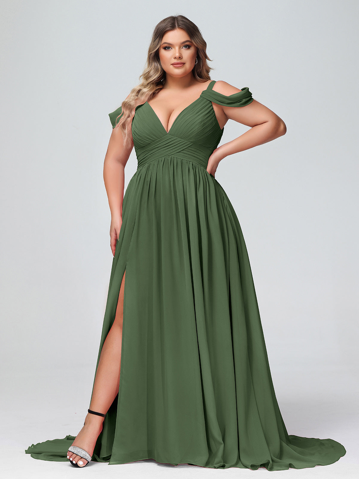 Lucy Profundo Escote En V Sexy Gasa Vestido Con Apertura Verde Oliva Tallas Grandes