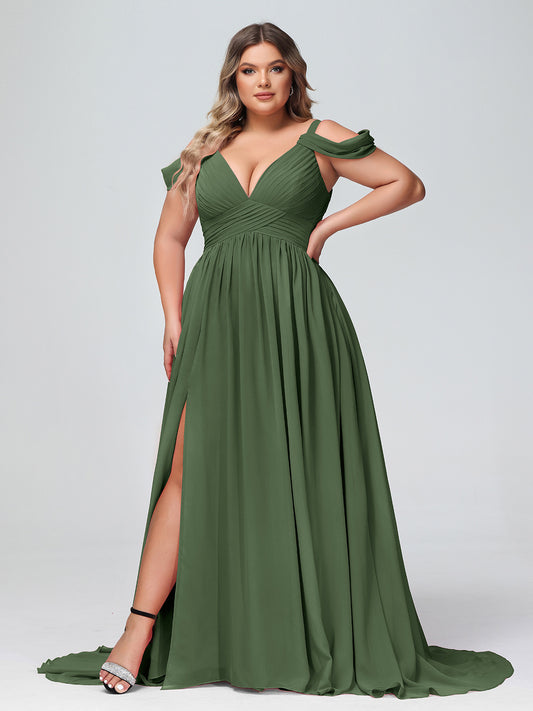 Lucy Profundo Escote En V Sexy Gasa Vestido Con Apertura Verde Oliva Tallas Grandes