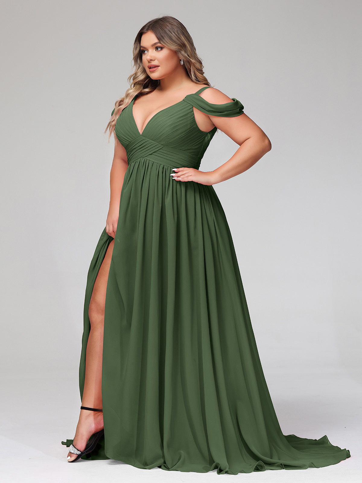 Lucy Profundo Escote En V Sexy Gasa Vestido Con Apertura Verde Oliva Tallas Grandes