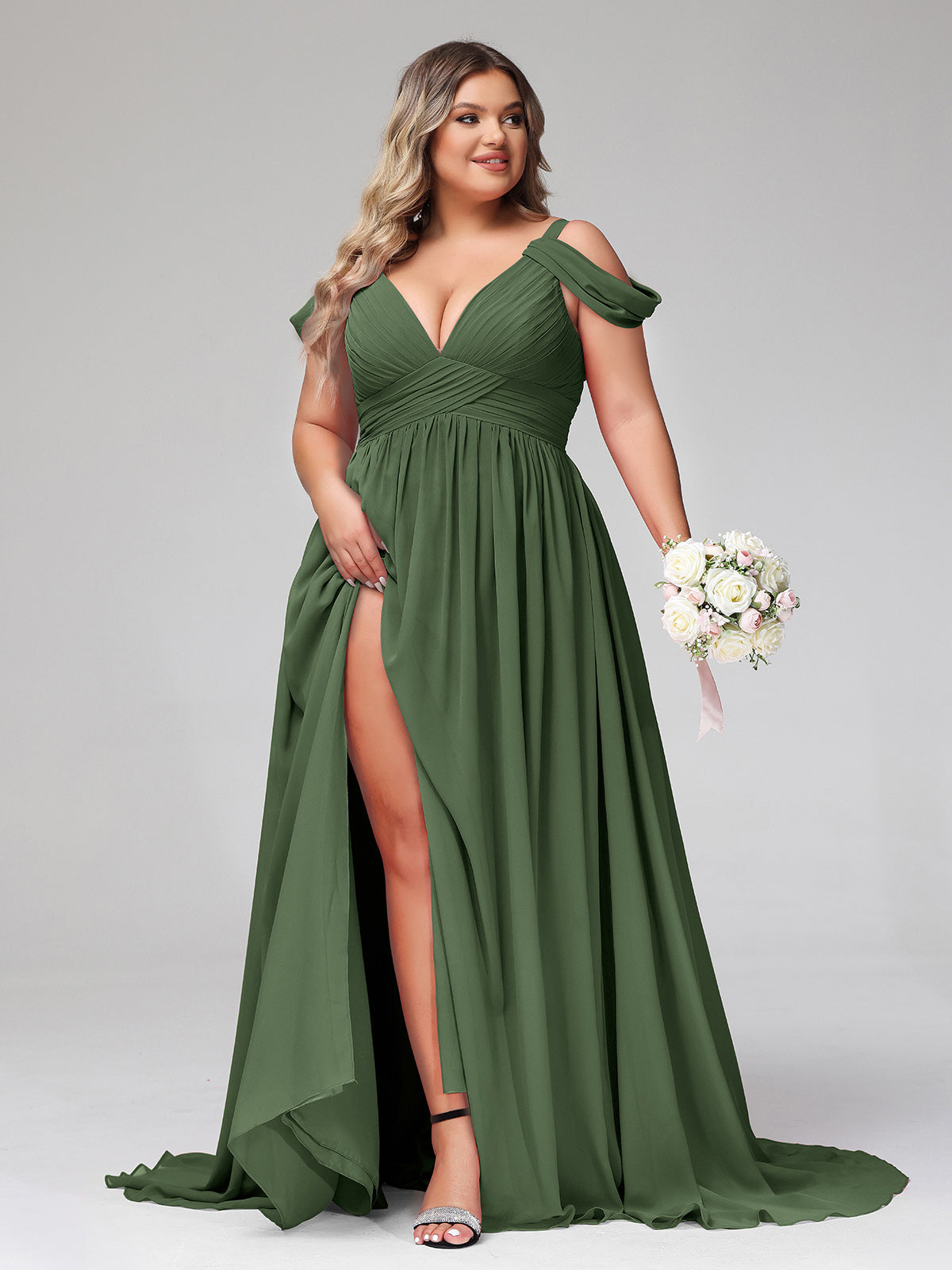 Lucy Profundo Escote En V Sexy Gasa Vestido Con Apertura Verde Oliva Tallas Grandes