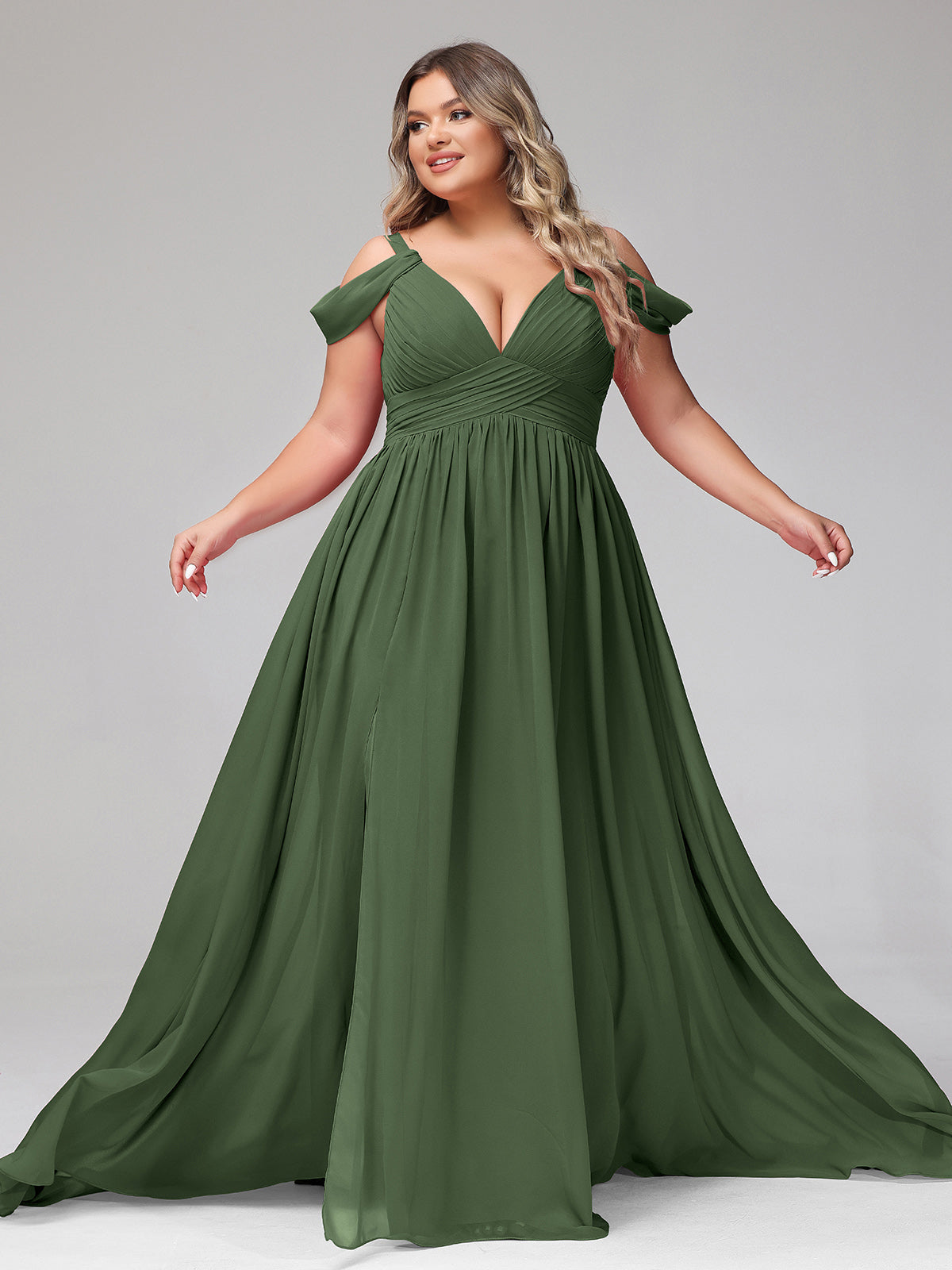 Lucy Profundo Escote En V Sexy Gasa Vestido Con Apertura Verde Oliva Tallas Grandes