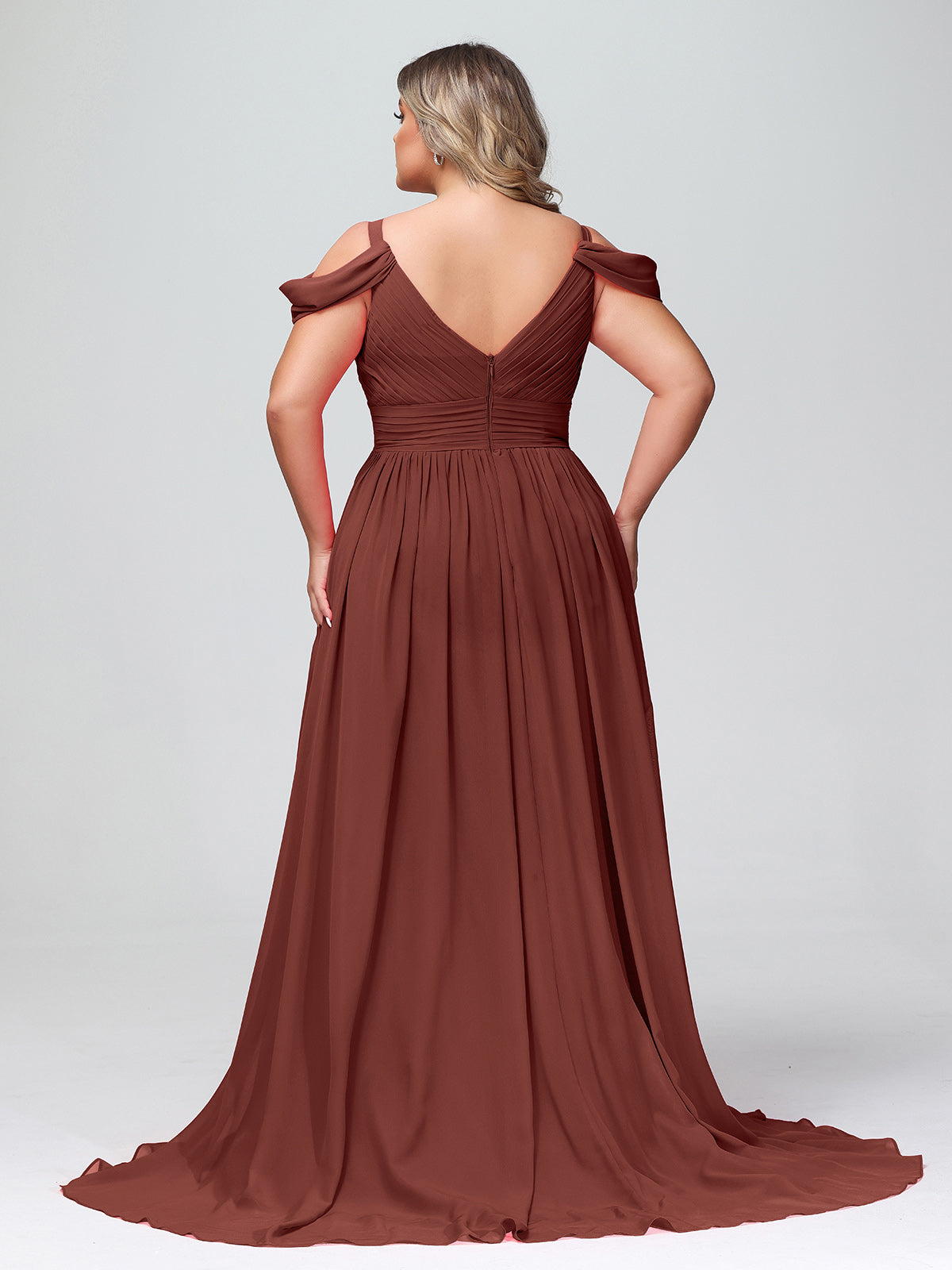 Lucy Profundo Escote En V Sexy Gasa Vestido Con Apertura Terracota Tallas Grandes