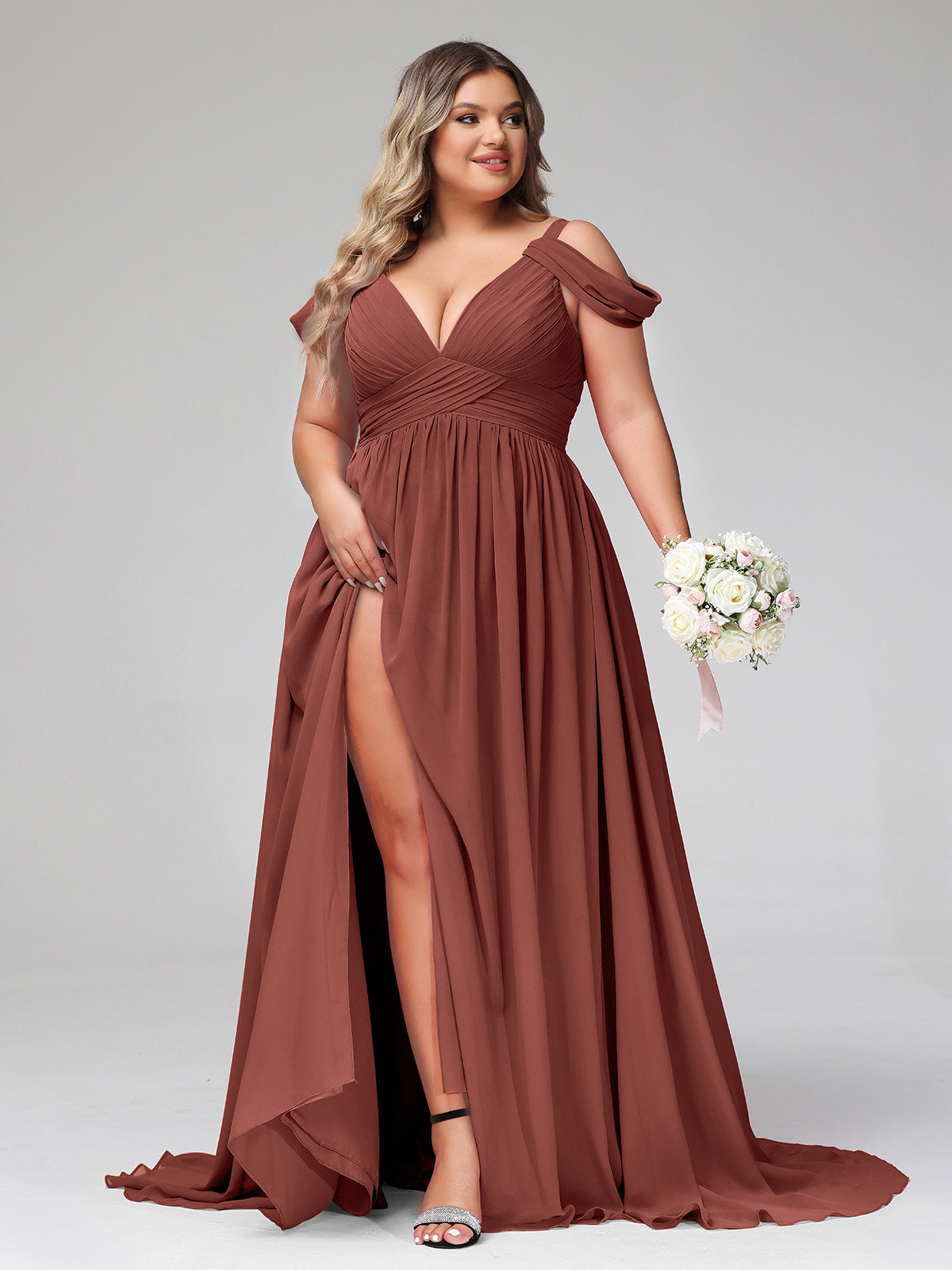 Lucy Profundo Escote En V Sexy Gasa Vestido Con Apertura Terracota Tallas Grandes