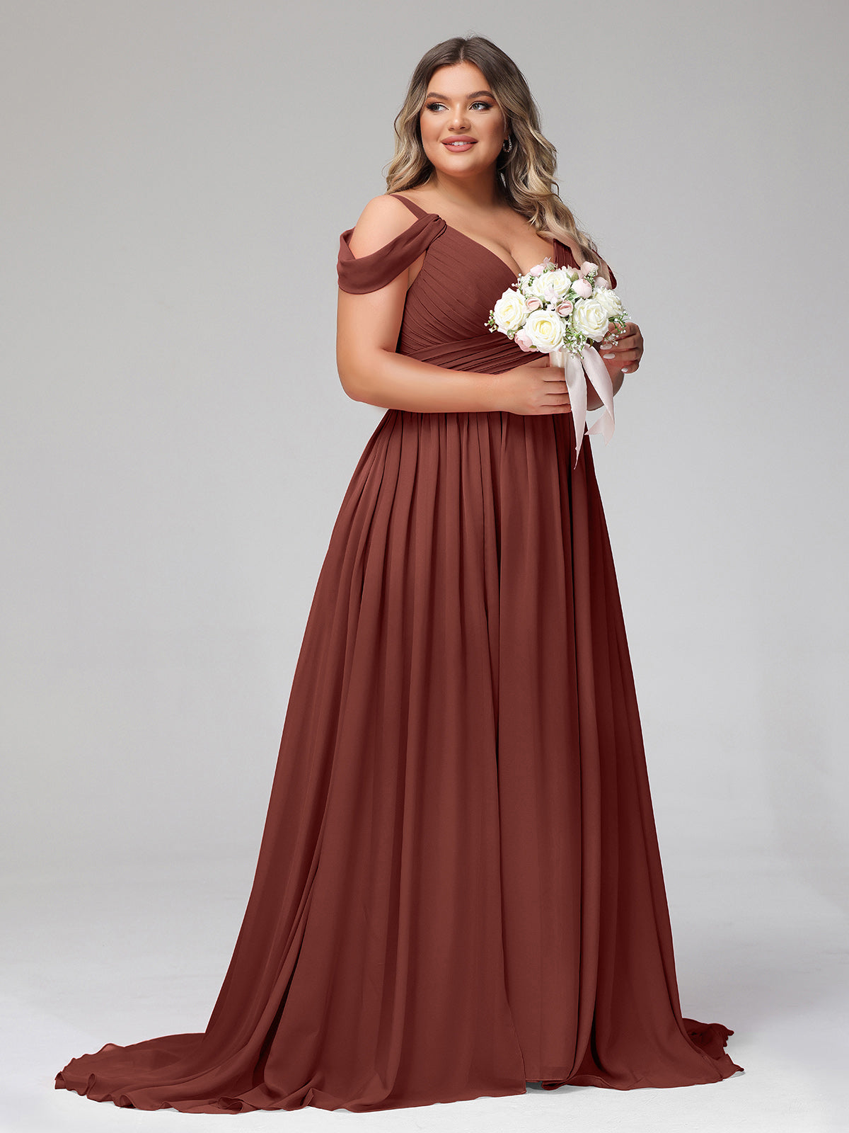 Lucy Profundo Escote En V Sexy Gasa Vestido Con Apertura Terracota Tallas Grandes