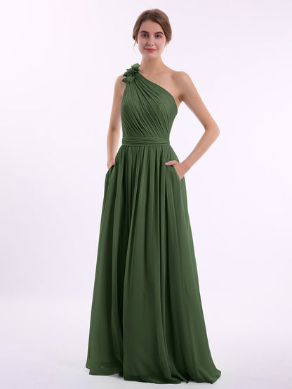 Vestidos de chiffon con un hombro de flor y bolsillo Verde Oliva