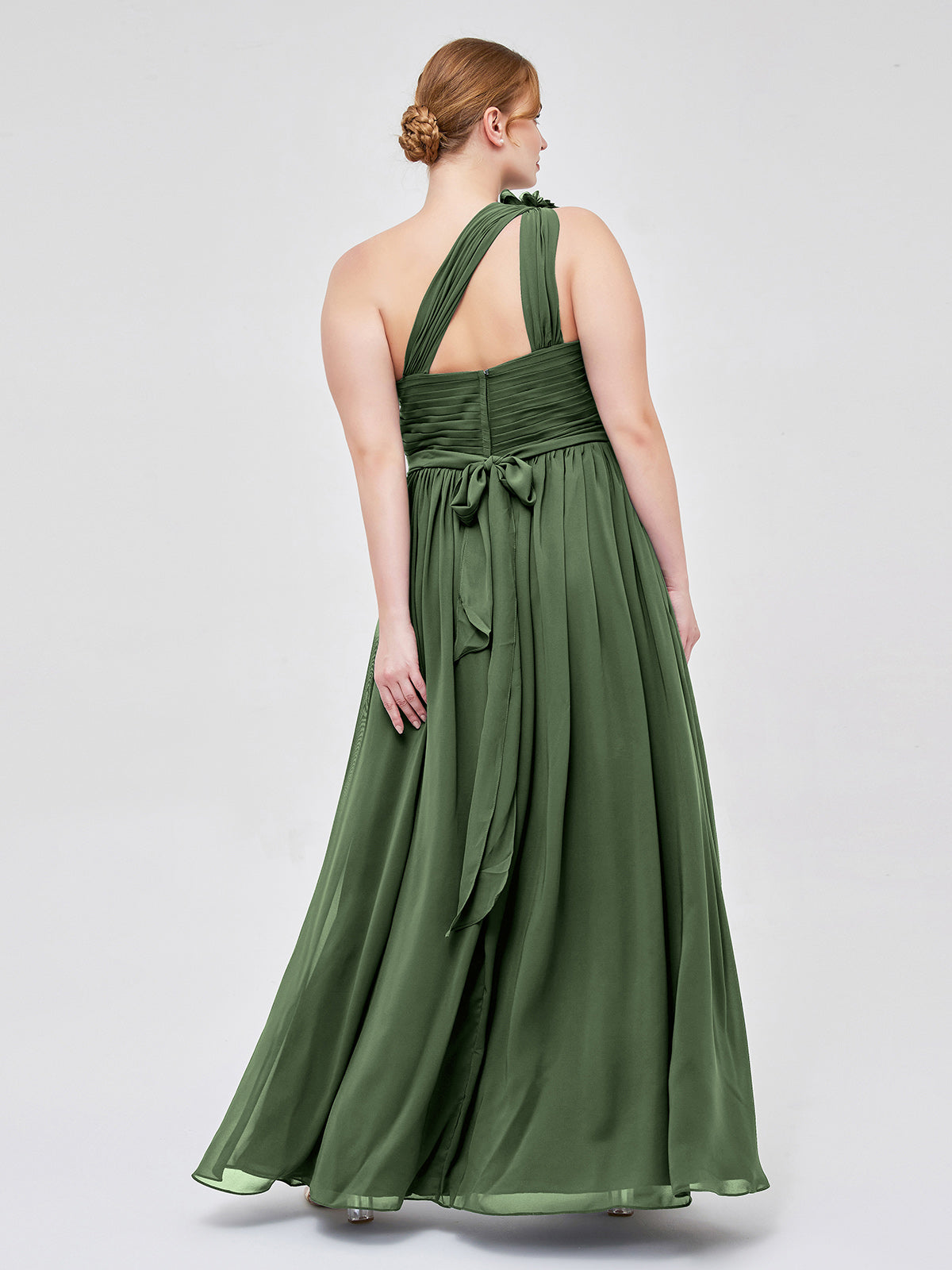Vestidos de chiffon con un hombro de flor y bolsillo Verde Oliva Tallas Grandes