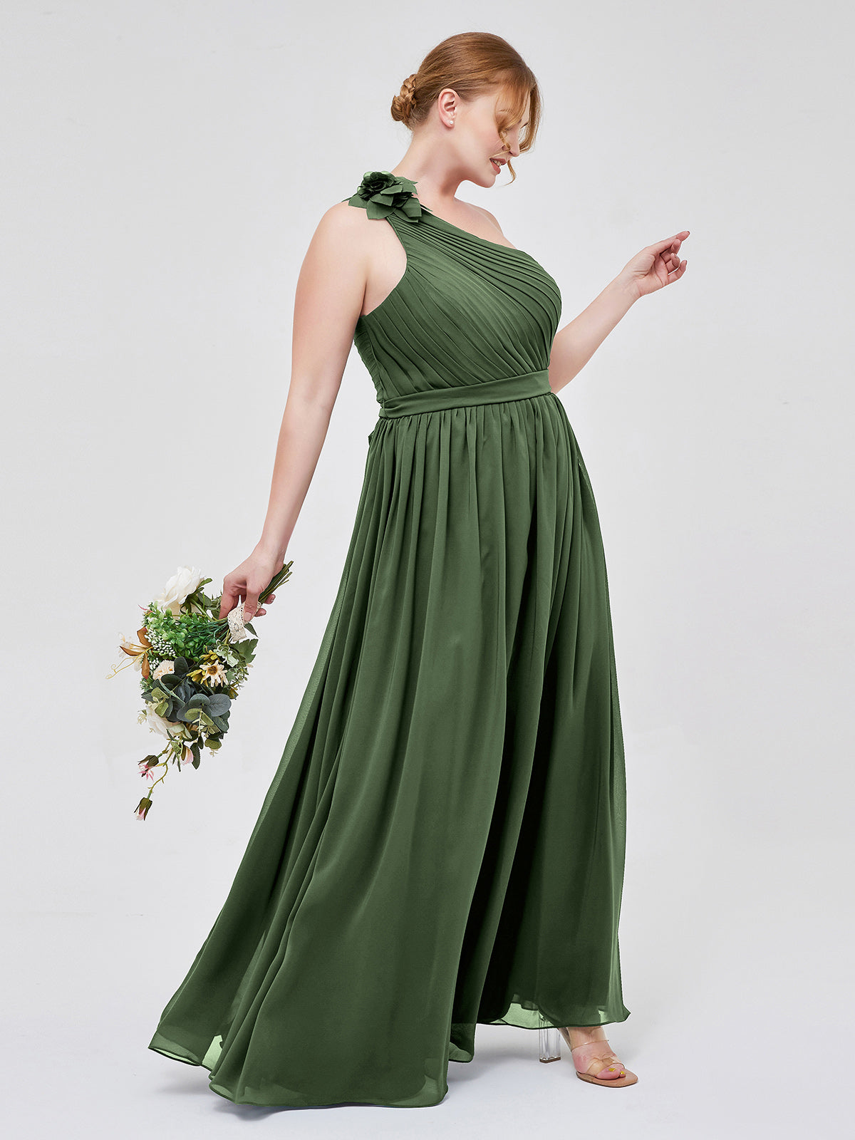 Vestidos de chiffon con un hombro de flor y bolsillo Verde Oliva Tallas Grandes