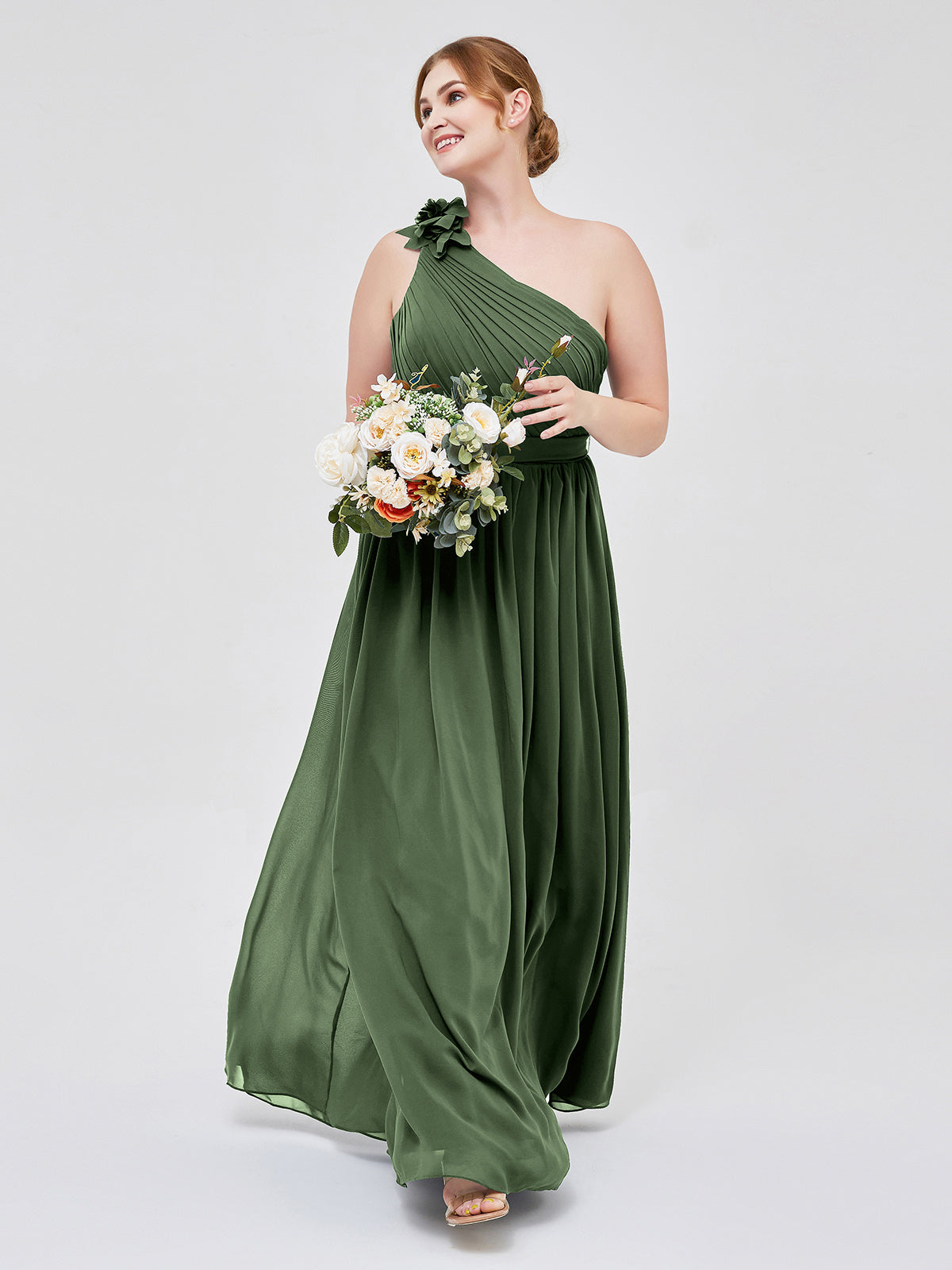 Vestidos de chiffon con un hombro de flor y bolsillo Verde Oliva