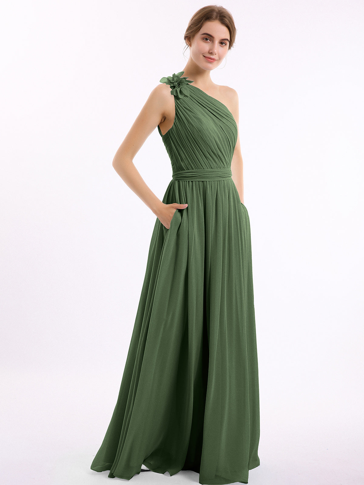 Vestidos de chiffon con un hombro de flor y bolsillo Verde Oliva