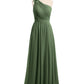 Vestidos de chiffon con un hombro de flor y bolsillo Verde Oliva Tallas Grandes