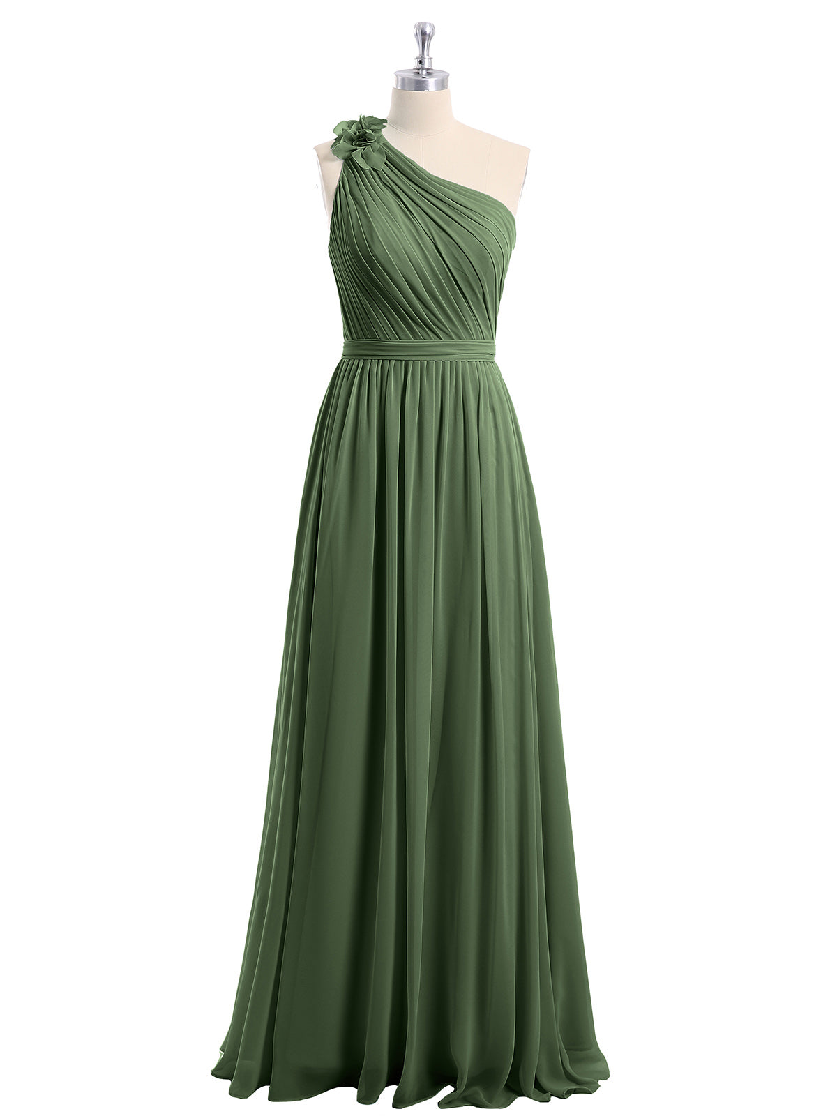 Vestidos de chiffon con un hombro de flor y bolsillo Verde Oliva Tallas Grandes